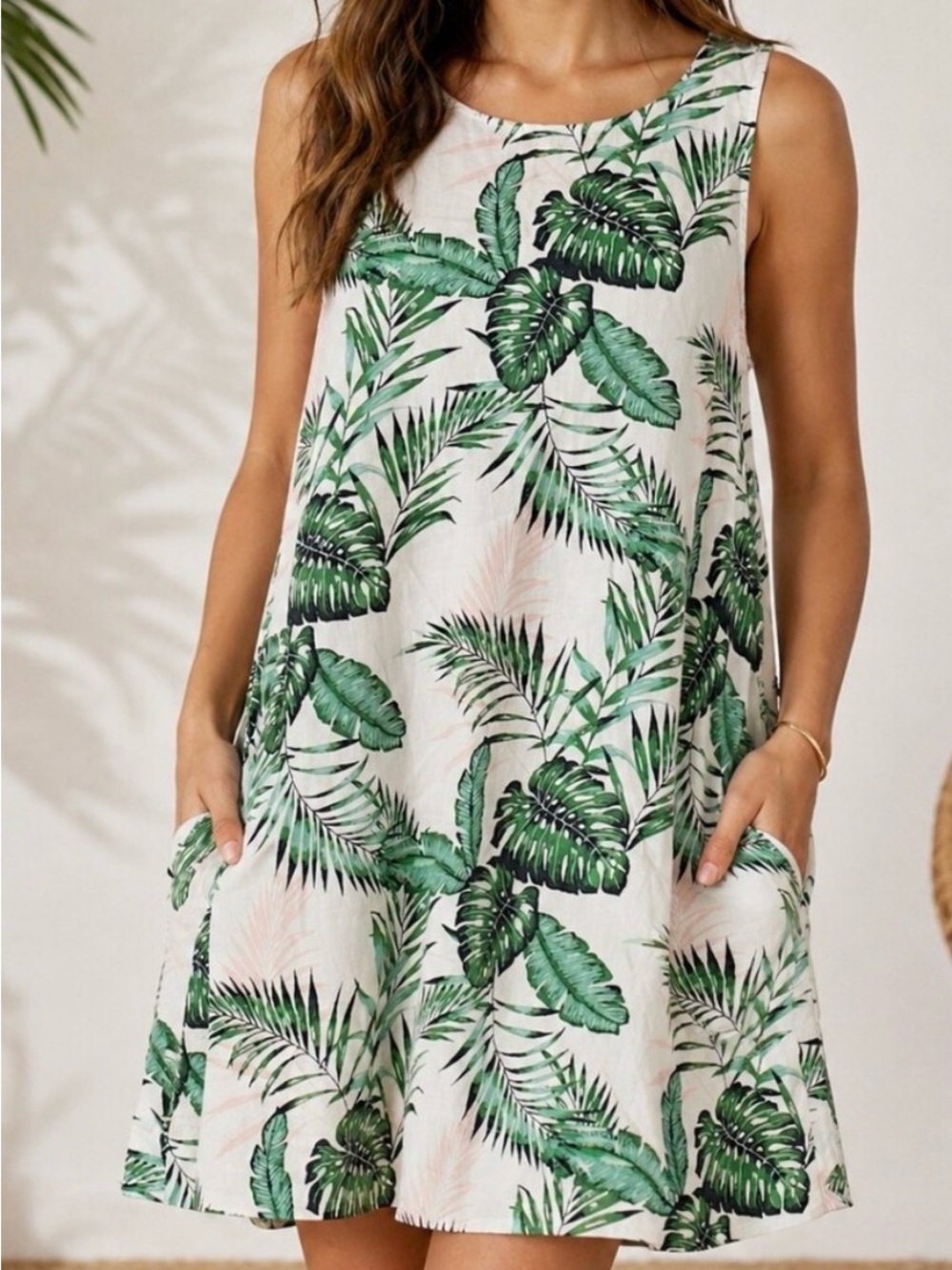 C&C California Women Tropical Sleeveless 100% Linen Dress Sz Small Hawaiian Boho